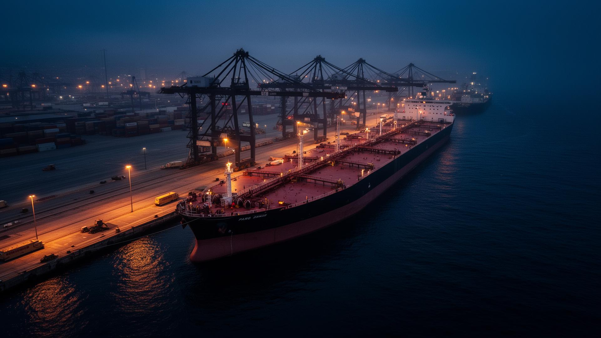 Tanker vessel at a Spanish port at blue hour